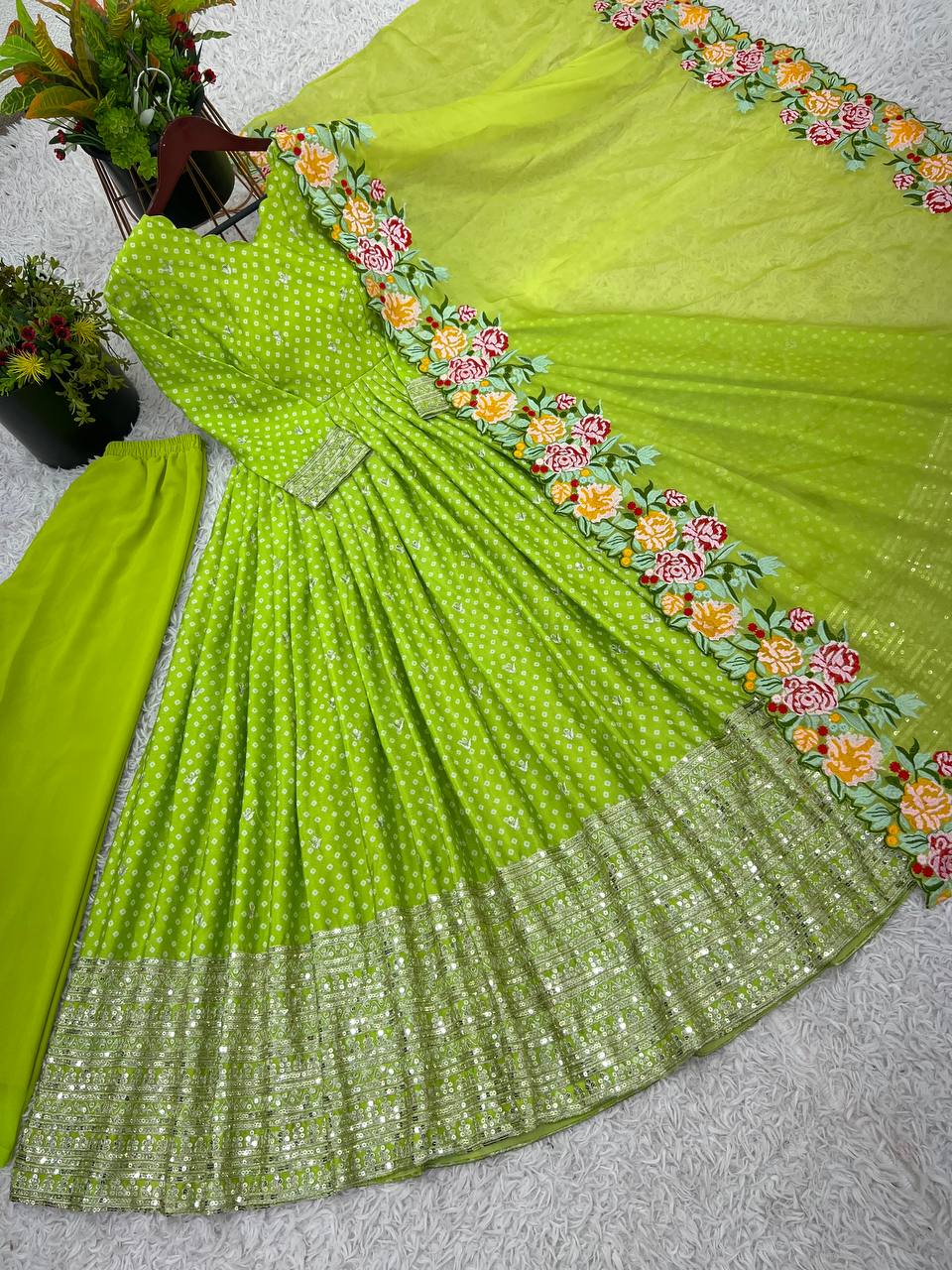 Party Wear Green Color Chinon Silk With Embroidery Sequence Work Gown