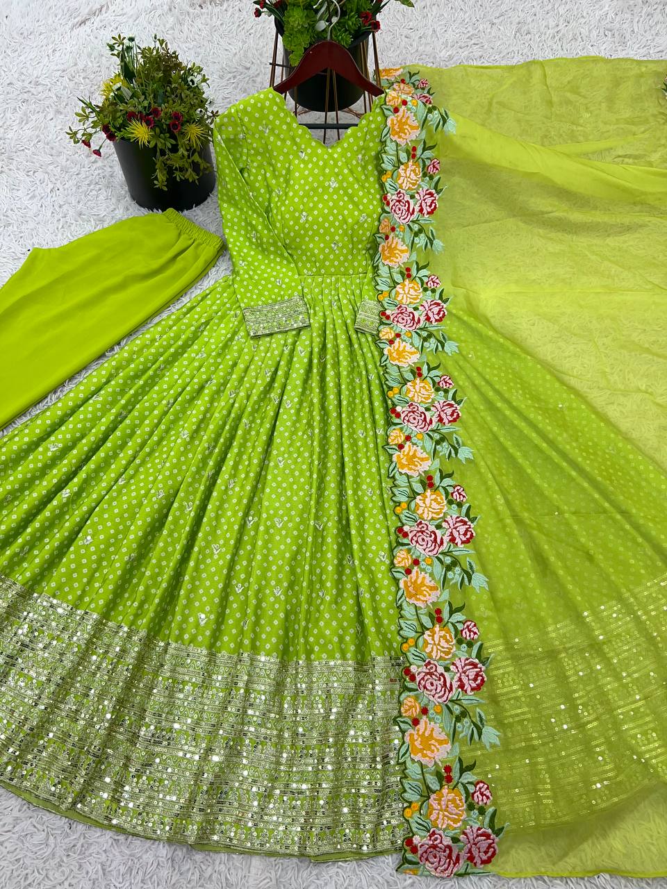 Party Wear Green Color Chinon Silk With Embroidery Sequence Work Gown