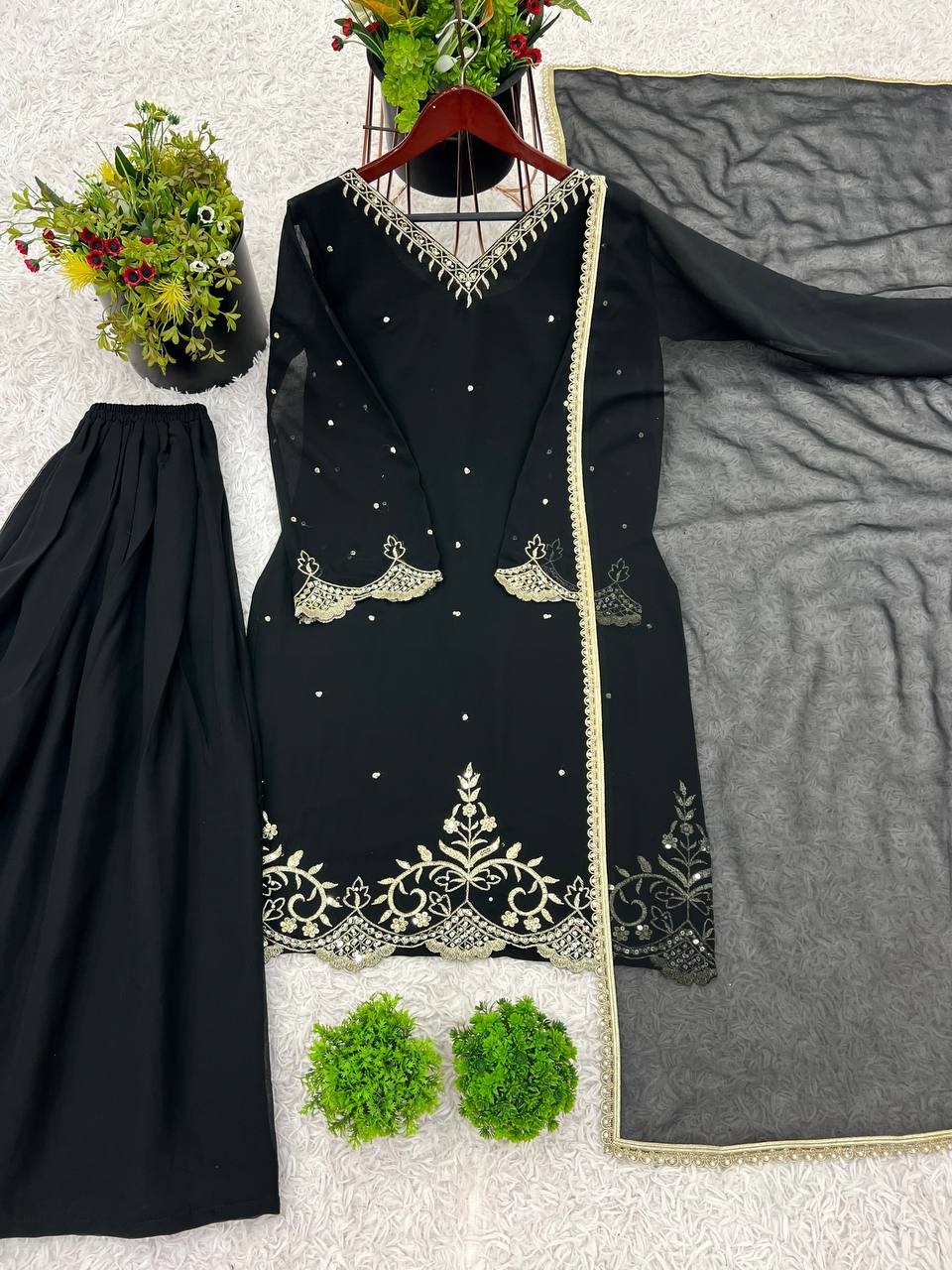 Celebrity Style Black Color Heavy Faux Georgette With Embroidery Sequence Work Palazzo Suit