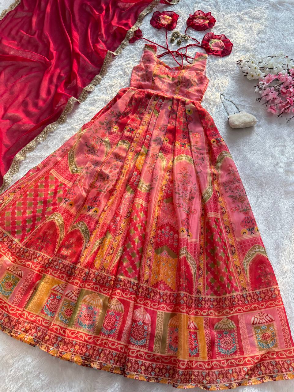 Celebrity Style Pure Jimmy Organza Silk Digital Printed Designer Anarkali Gown