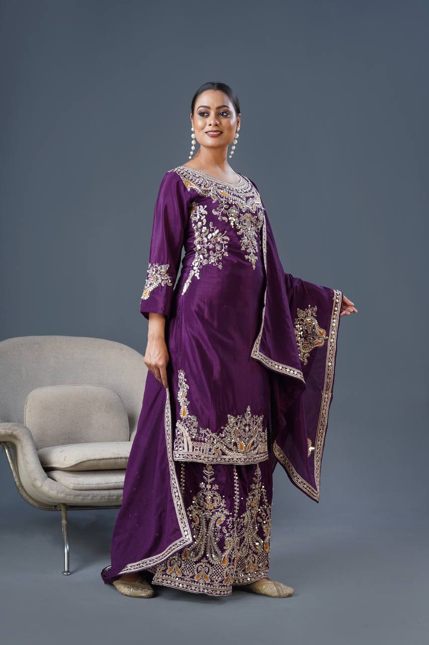 Admiring Dark Purple Color Pure Chinon Silk With Heavy Embroidery Coding Dori Sequence Work Palazzo Suit
