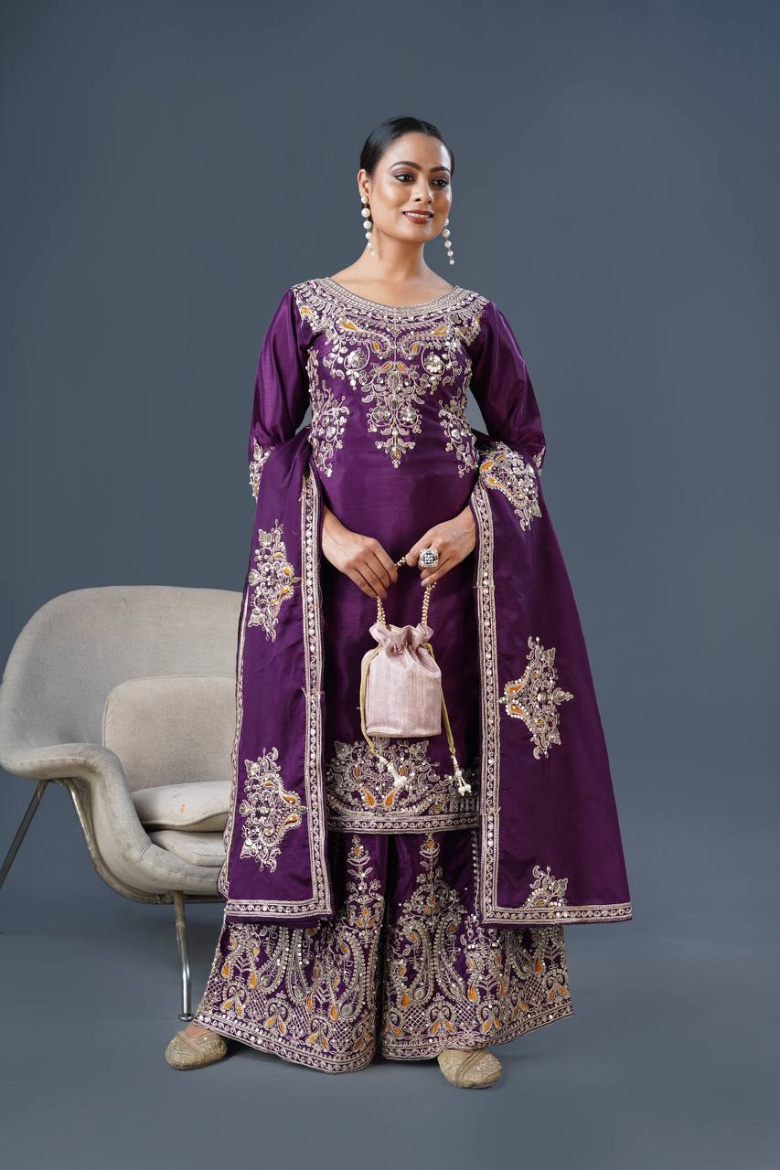 Admiring Dark Purple Color Pure Chinon Silk With Heavy Embroidery Coding Dori Sequence Work Palazzo Suit