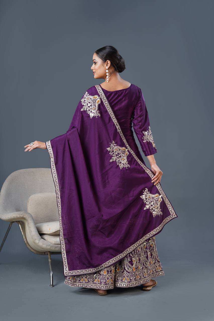 Admiring Dark Purple Color Pure Chinon Silk With Heavy Embroidery Coding Dori Sequence Work Palazzo Suit
