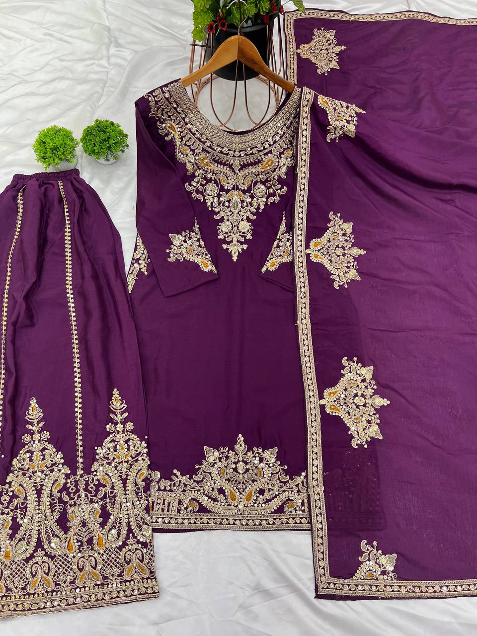 Admiring Dark Purple Color Pure Chinon Silk With Heavy Embroidery Coding Dori Sequence Work Palazzo Suit