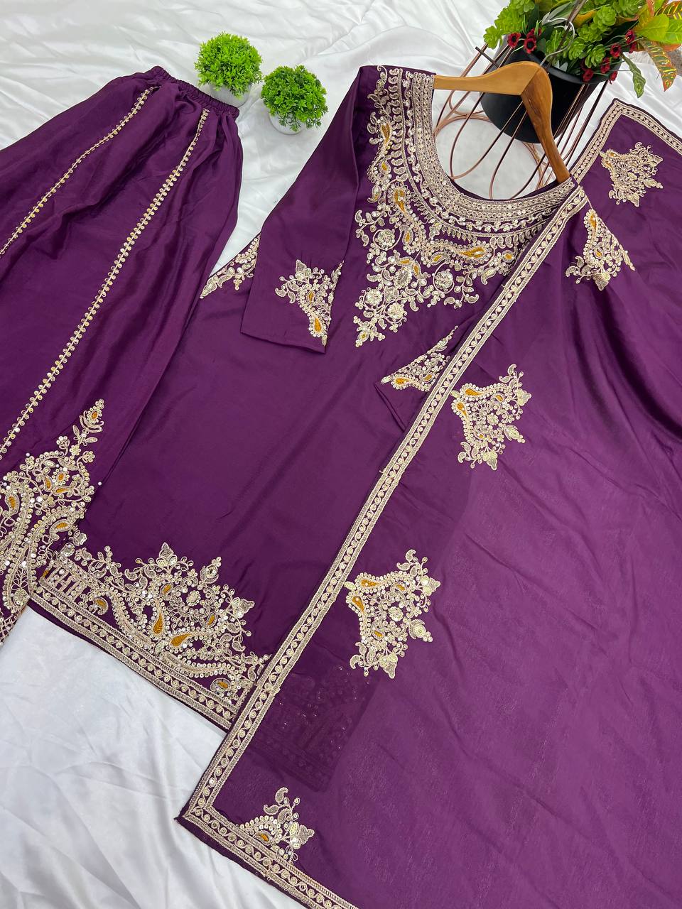 Admiring Dark Purple Color Pure Chinon Silk With Heavy Embroidery Coding Dori Sequence Work Palazzo Suit