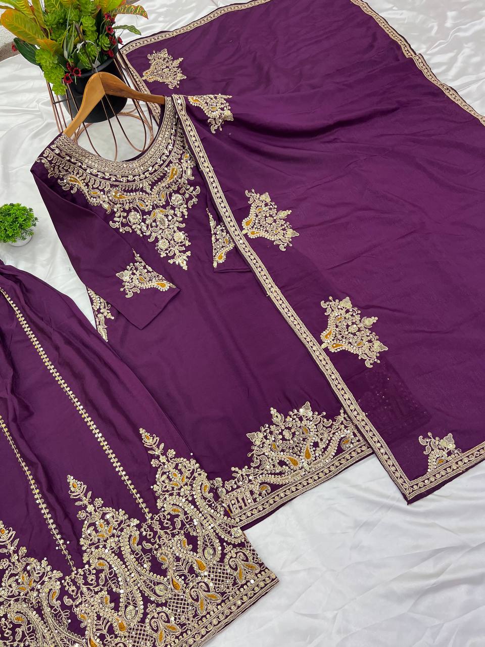 Admiring Dark Purple Color Pure Chinon Silk With Heavy Embroidery Coding Dori Sequence Work Palazzo Suit
