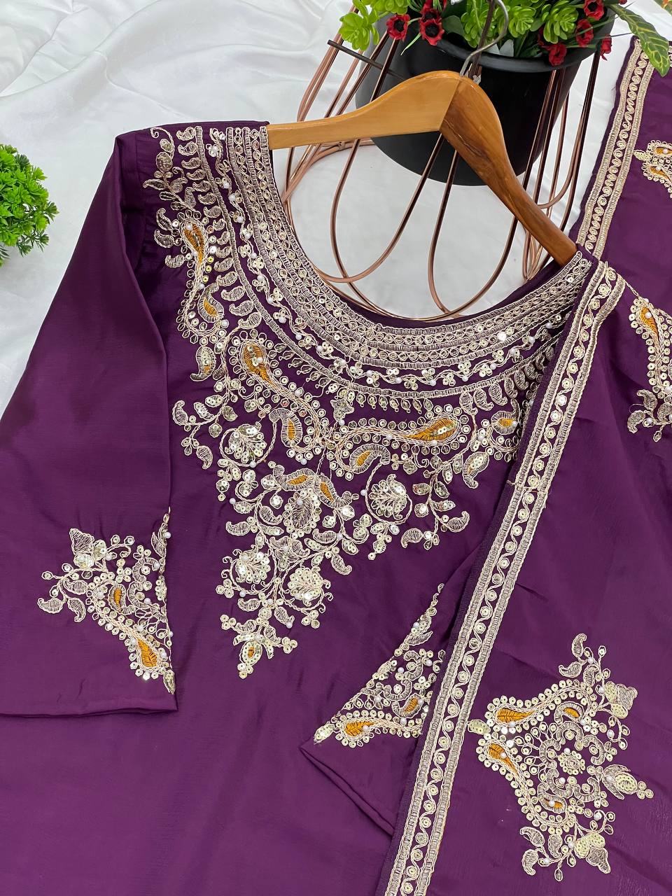 Admiring Dark Purple Color Pure Chinon Silk With Heavy Embroidery Coding Dori Sequence Work Palazzo Suit