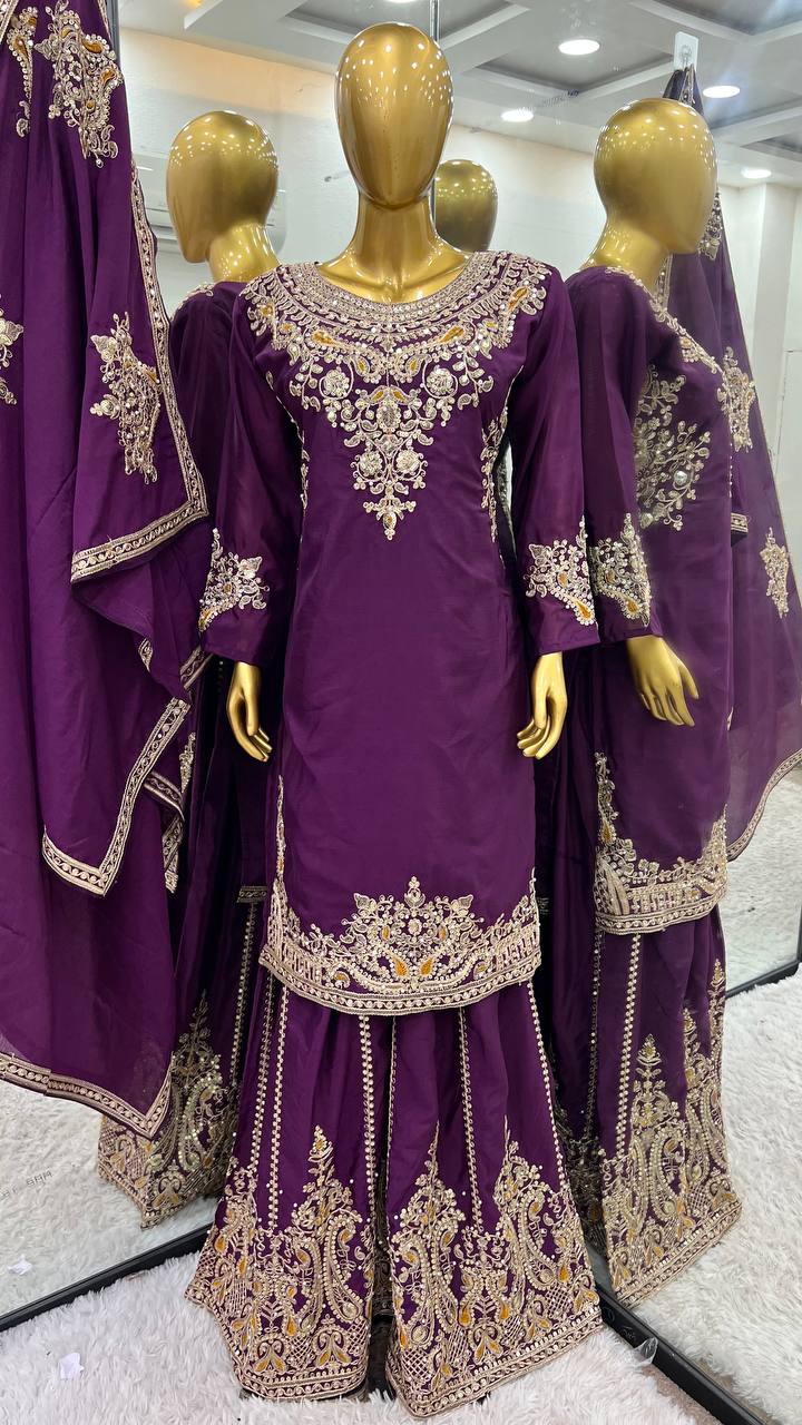 Admiring Dark Purple Color Pure Chinon Silk With Heavy Embroidery Coding Dori Sequence Work Palazzo Suit