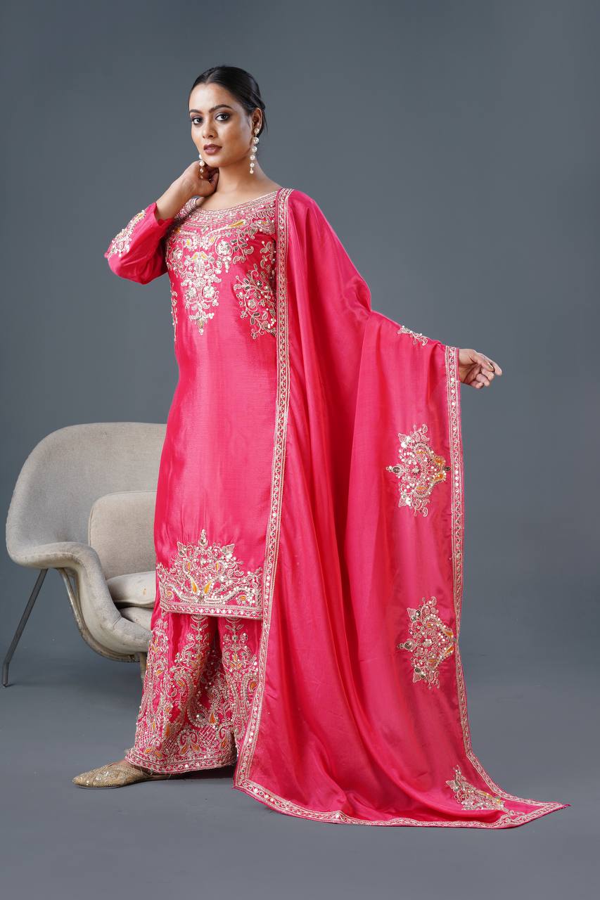 Admiring Pink Color Pure Chinon Silk With Heavy Embroidery Coding Dori Sequence Work Palazzo Suit