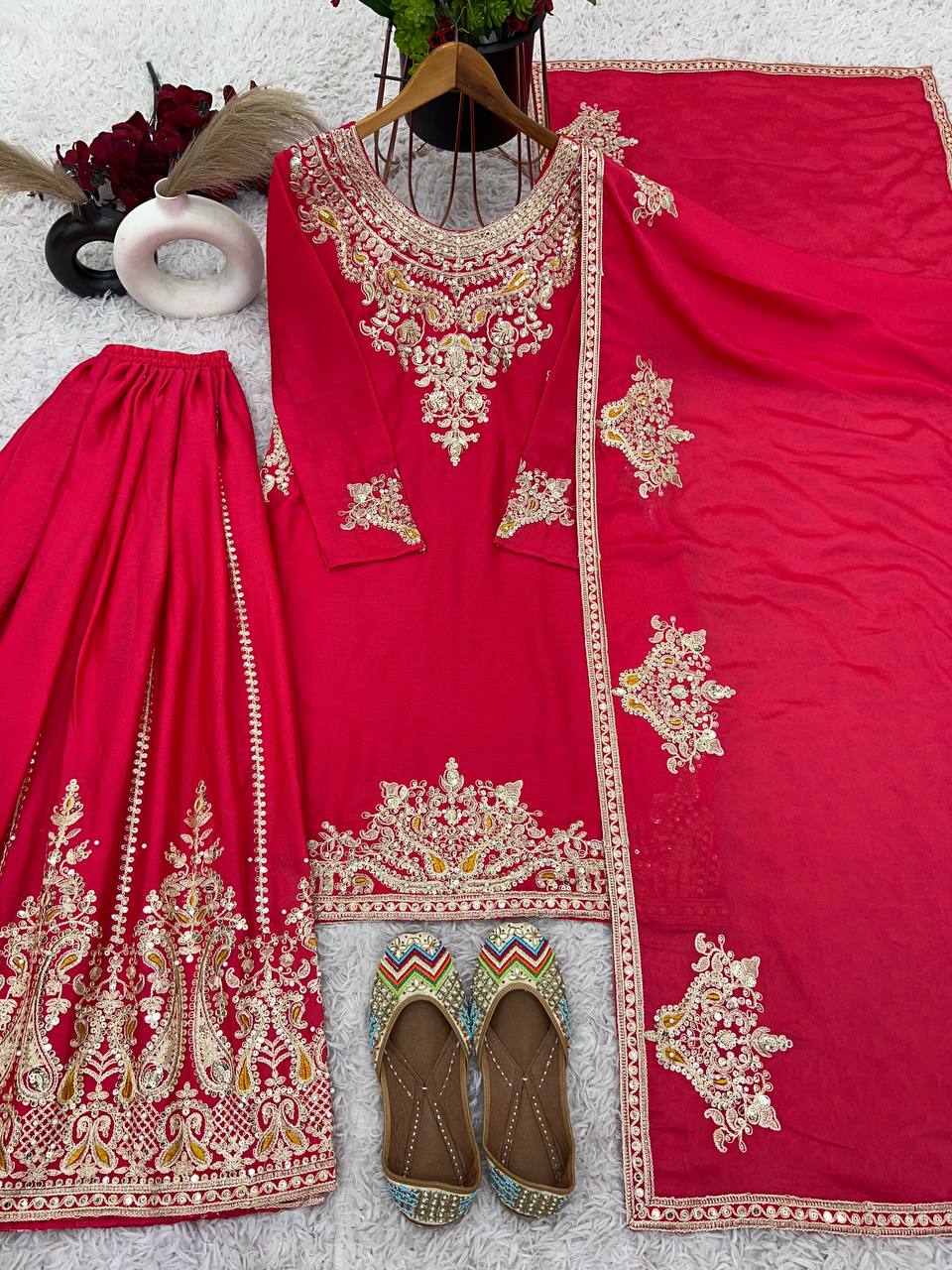 Admiring Pink Color Pure Chinon Silk With Heavy Embroidery Coding Dori Sequence Work Palazzo Suit