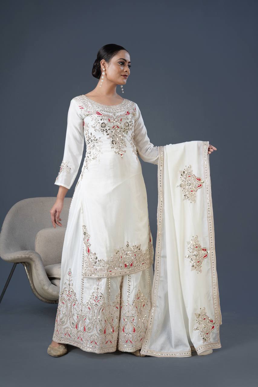 Admiring White Color Pure Chinon Silk With Heavy Embroidery Coding Dori Sequence Work Palazzo Suit