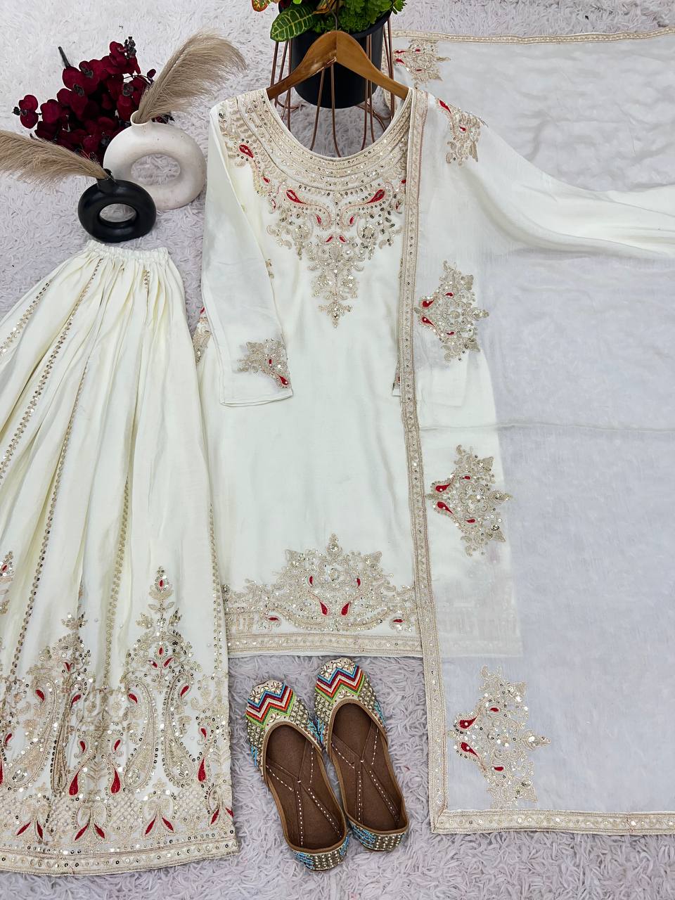 Admiring White Color Pure Chinon Silk With Heavy Embroidery Coding Dori Sequence Work Palazzo Suit