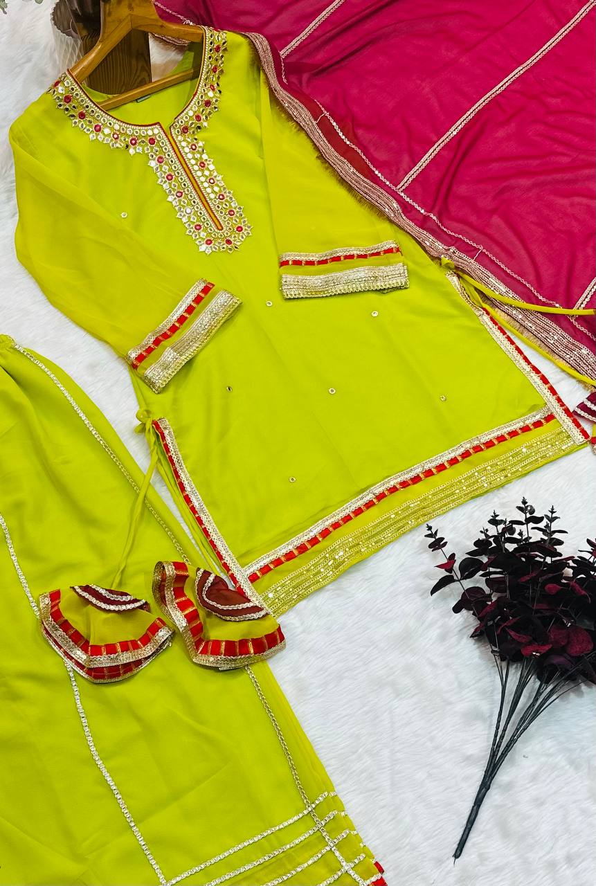 Function Wear Parrot Color Faux Blooming With Sequins And Thread Embroidered Work Sharara Suit