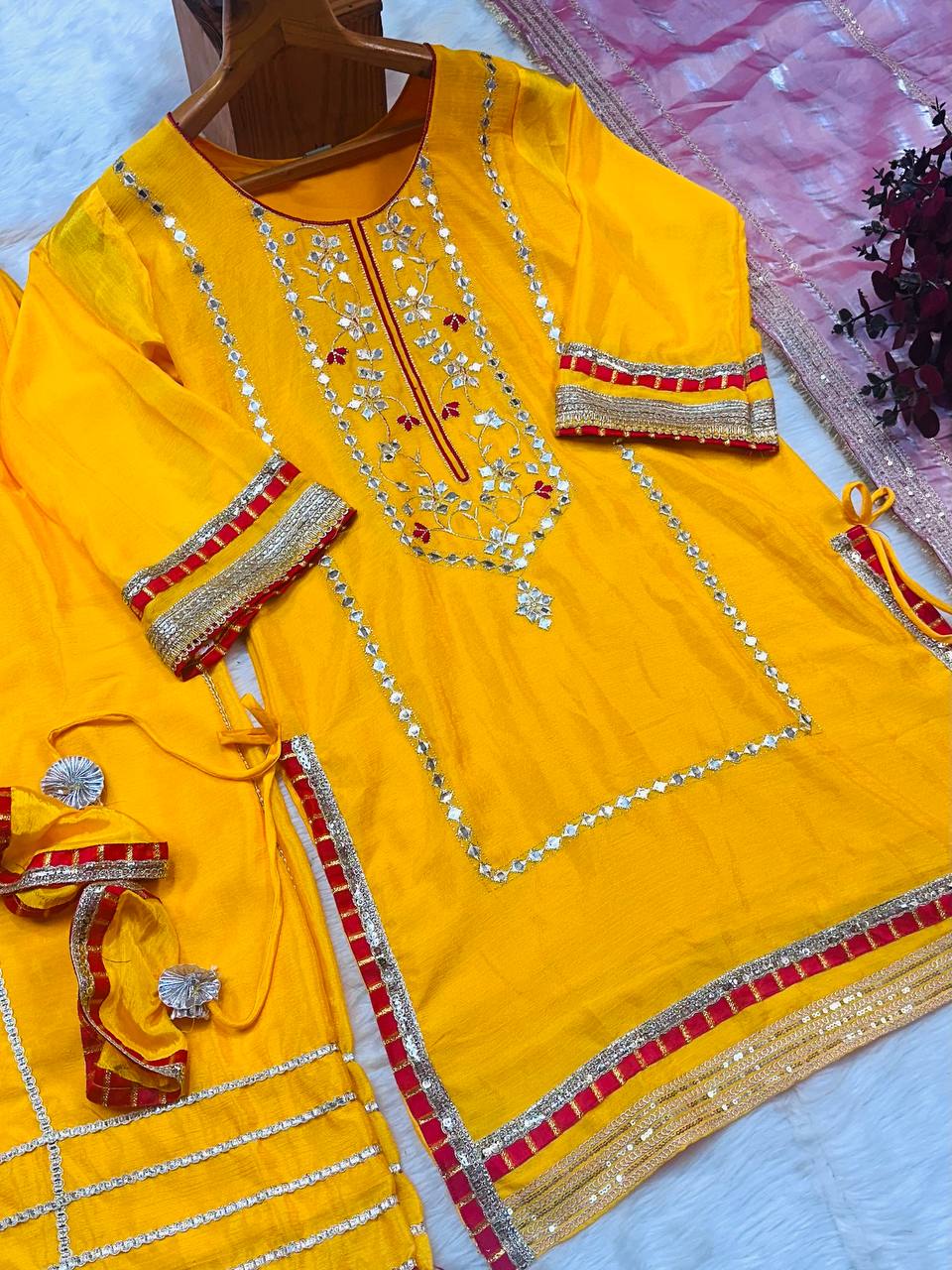 Haldi Special Yellow Color Chinon Silk With Sequins And Thread Embroidered Work Sharara Suit
