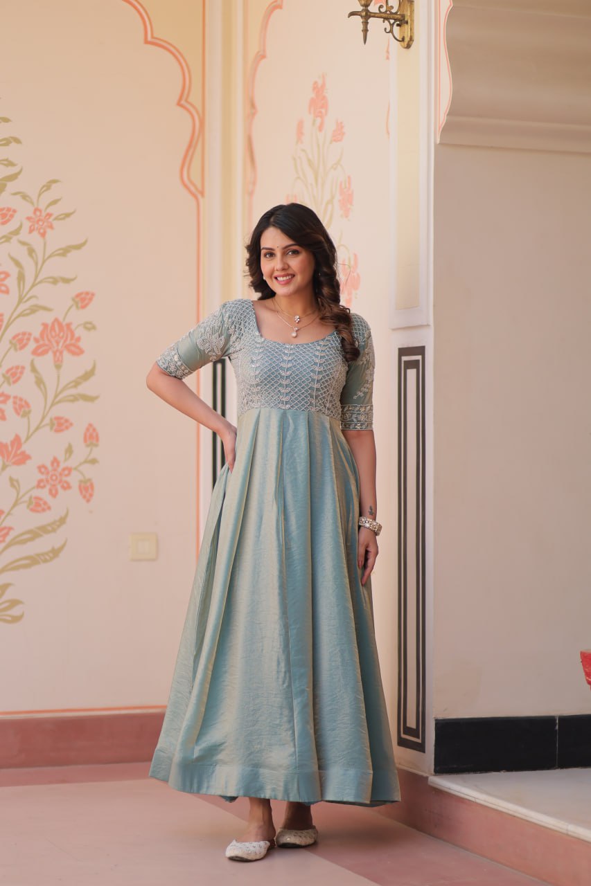 Admiring Sky Color Fendy With Beads Embroidered Work Gown