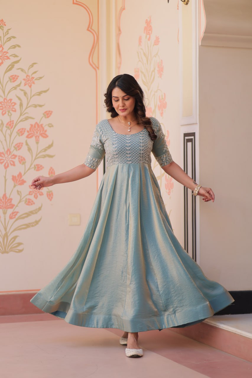 Admiring Sky Color Fendy With Beads Embroidered Work Gown