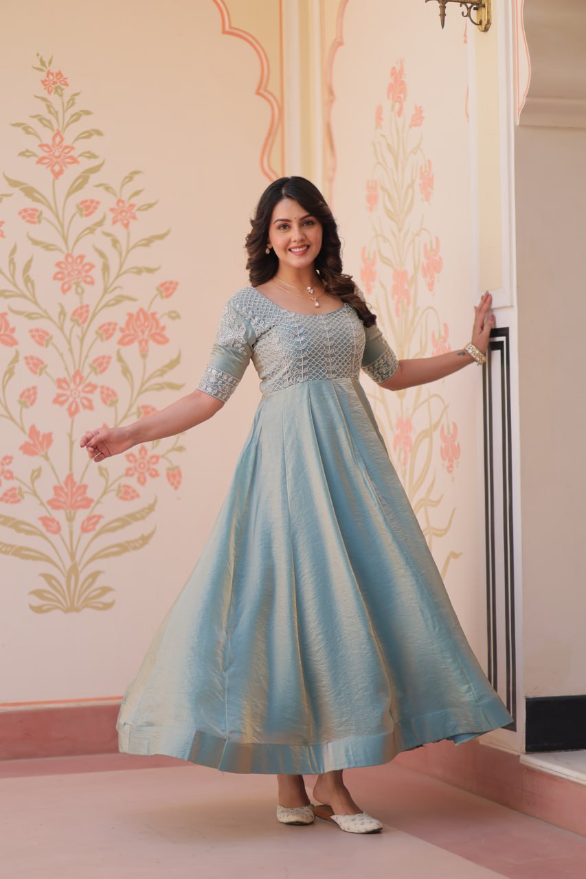 Admiring Sky Color Fendy With Beads Embroidered Work Gown