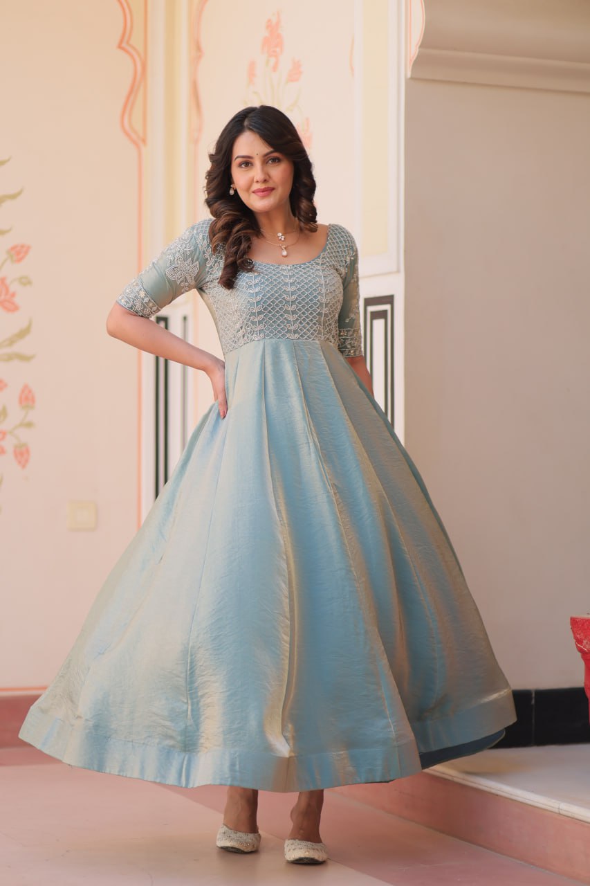 Admiring Sky Color Fendy With Beads Embroidered Work Gown