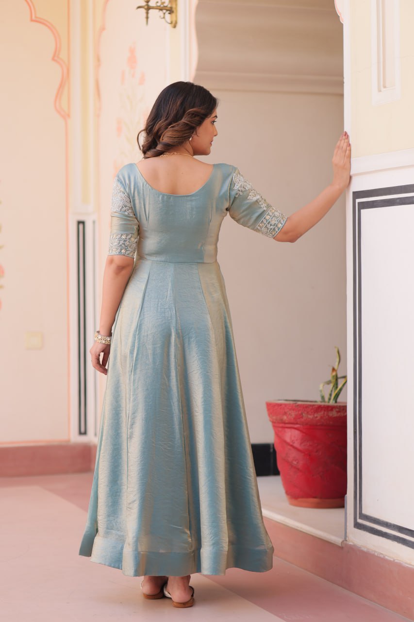 Admiring Sky Color Fendy With Beads Embroidered Work Gown