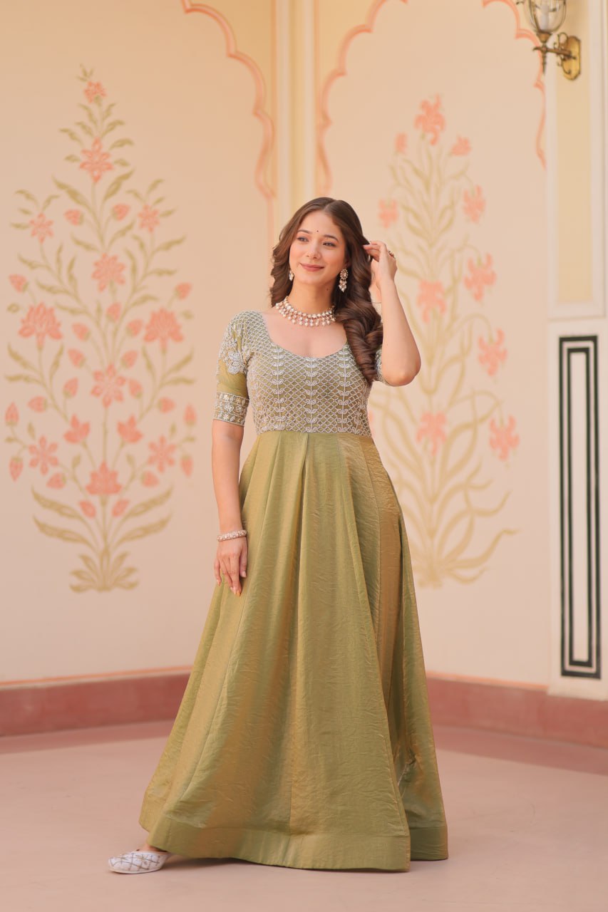 Admiring Mahendi Color Fendy With Beads Embroidered Work Gown