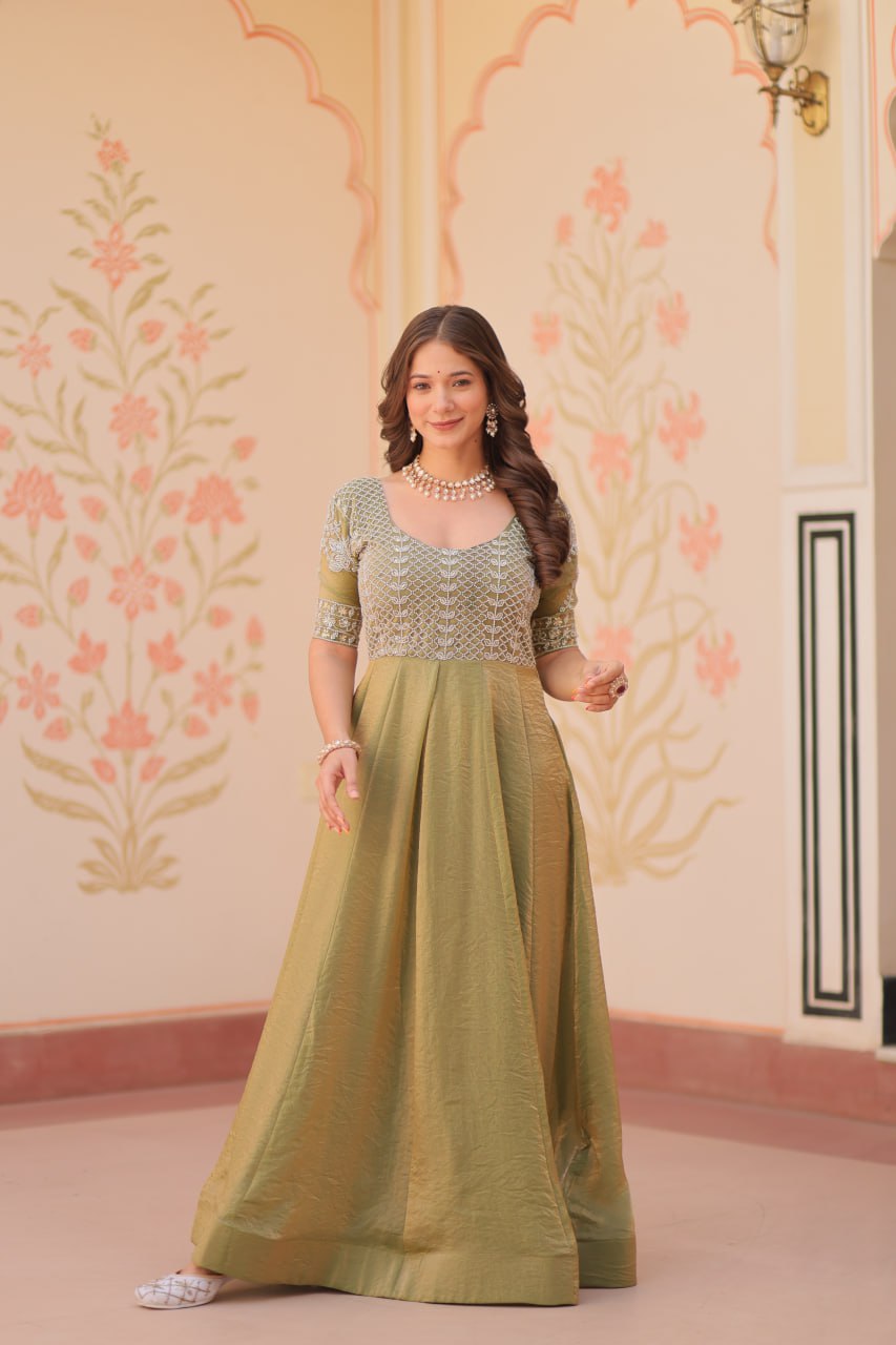 Admiring Mahendi Color Fendy With Beads Embroidered Work Gown