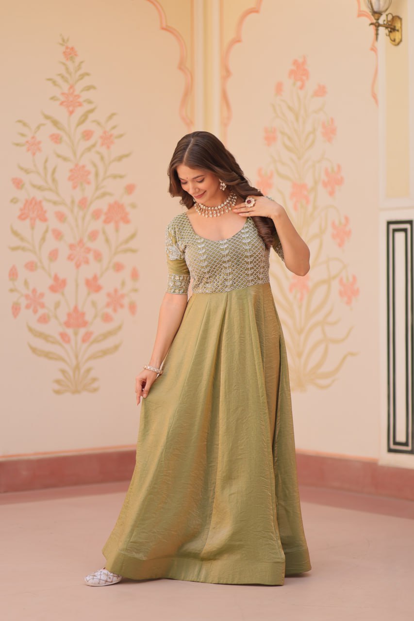 Admiring Mahendi Color Fendy With Beads Embroidered Work Gown