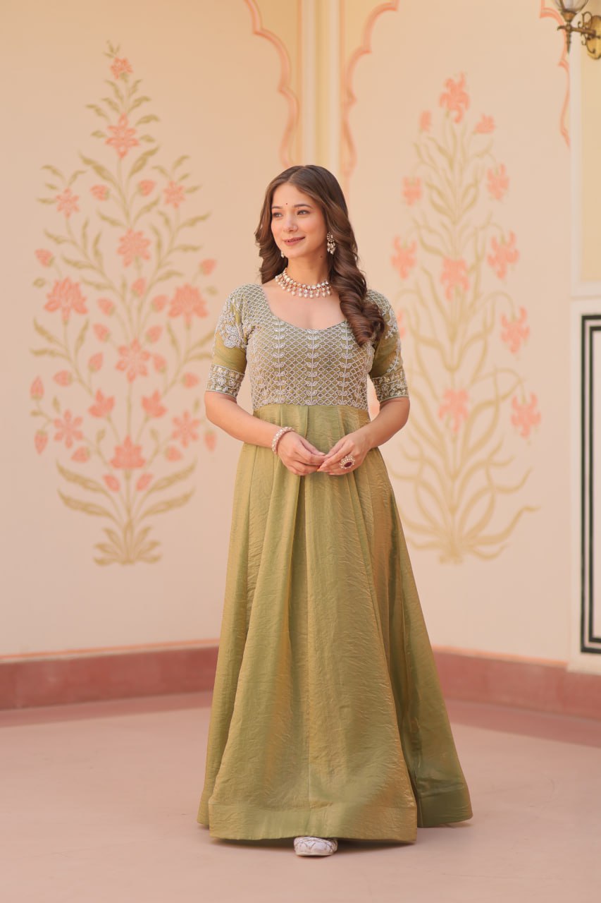 Admiring Mahendi Color Fendy With Beads Embroidered Work Gown