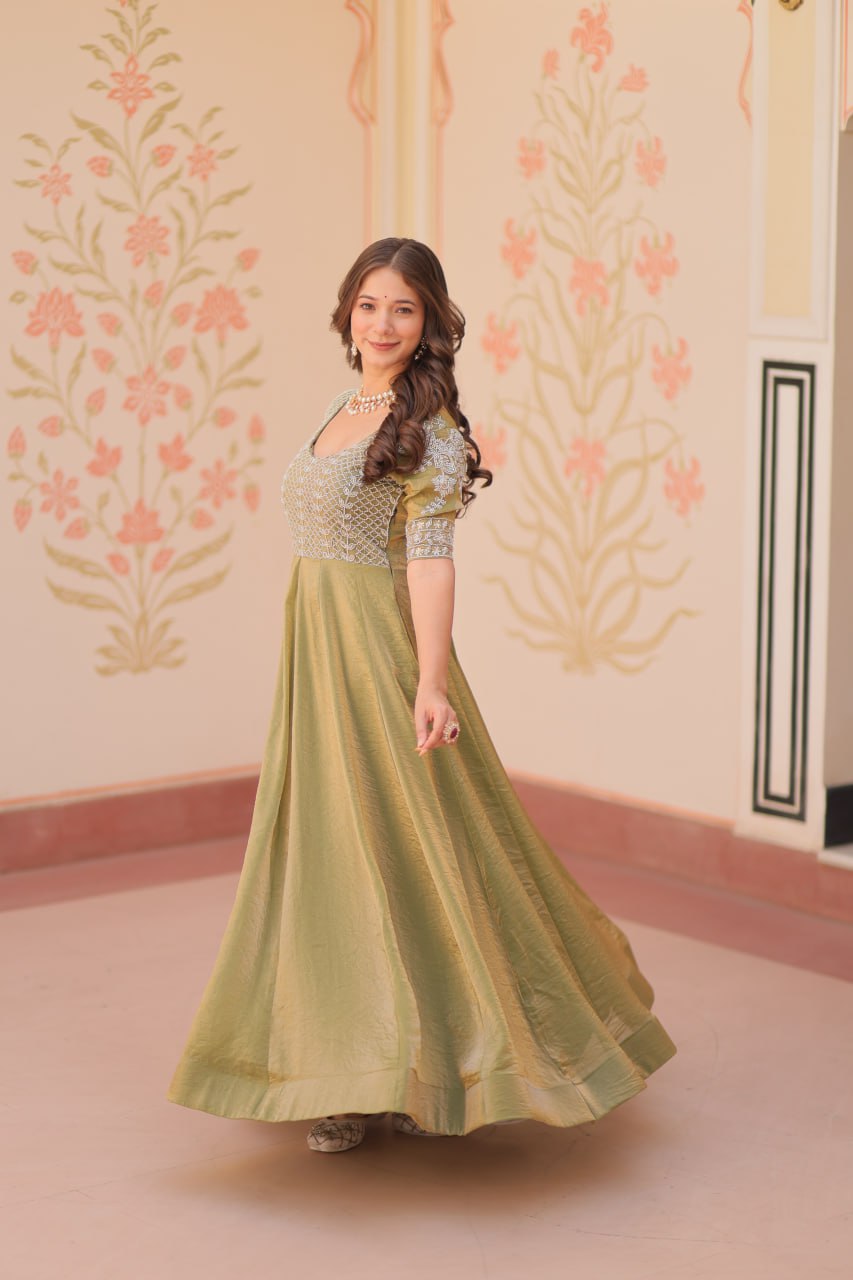 Admiring Mahendi Color Fendy With Beads Embroidered Work Gown