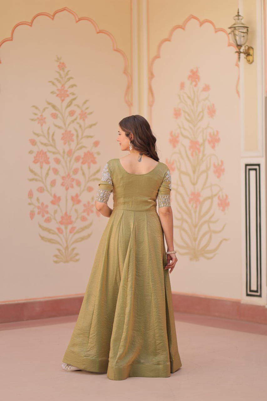 Admiring Mahendi Color Fendy With Beads Embroidered Work Gown