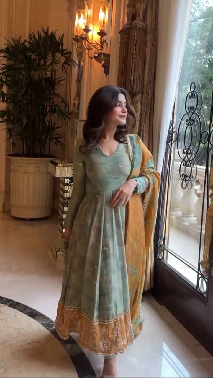 Engagement Wear Green Color Heavy Embroidery Sequence Work  Designer Party Wear Look Gown-Dupatta