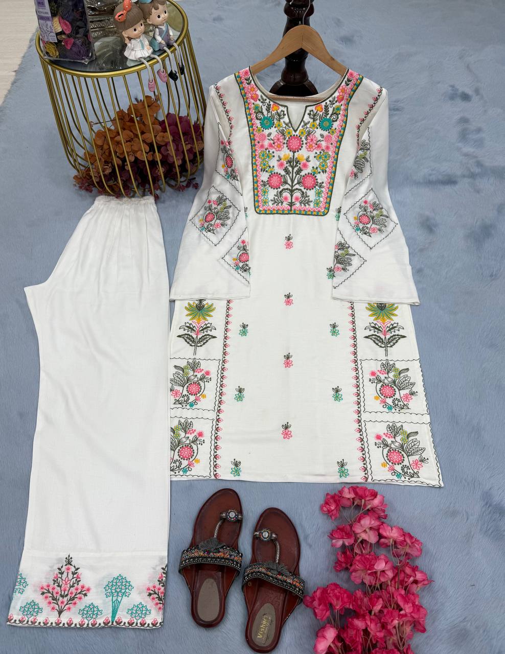 Presenting White Color Heavy Rayon Silk With Heavy Embroidery Work Palazzo Suit