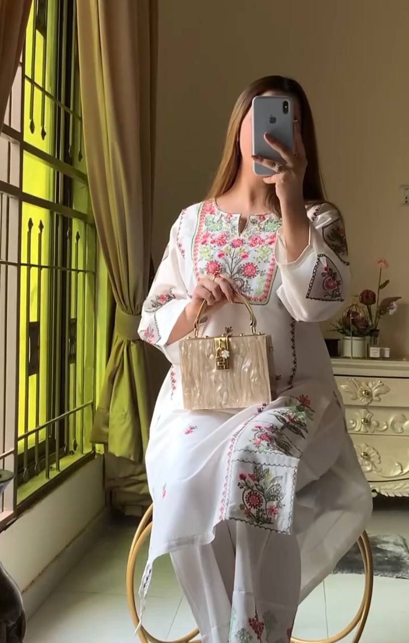 Presenting White Color Heavy Rayon Silk With Heavy Embroidery Work Palazzo Suit