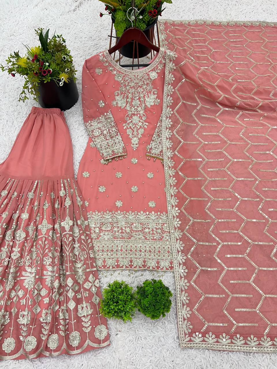 Luxuriant Peach Color Heavy Faux Georgette With Embroidery Sequence Work Sharara Suit
