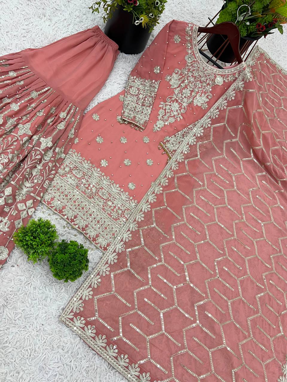 Luxuriant Peach Color Heavy Faux Georgette With Embroidery Sequence Work Sharara Suit