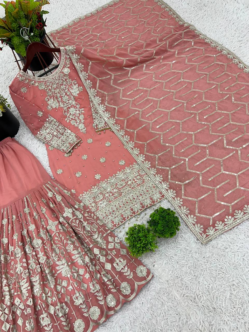 Luxuriant Peach Color Heavy Faux Georgette With Embroidery Sequence Work Sharara Suit
