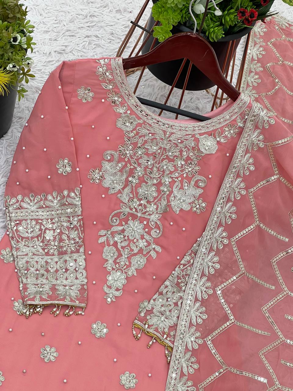 Luxuriant Peach Color Heavy Faux Georgette With Embroidery Sequence Work Sharara Suit