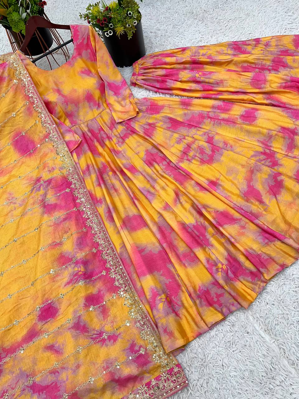 Celebrity Style Orange Color Vichitra Silk With Beautiful Digital Print Work Anarkali Palazzo suit