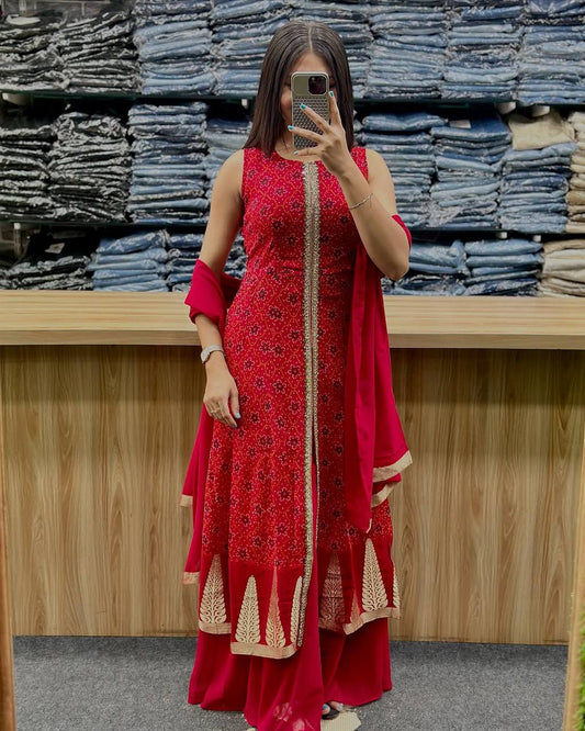 Attractive Red Color Heavy Faux Georgette Digital Print With Embroidery Work Palazzo Suit
