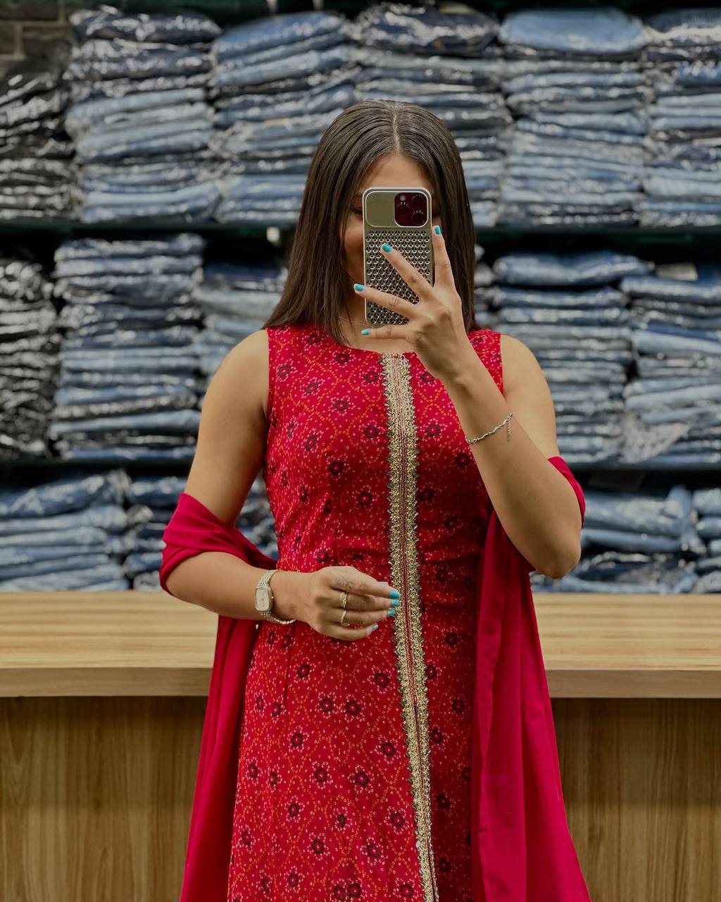 Attractive Red Color Heavy Faux Georgette Digital Print With Embroidery Work Palazzo Suit