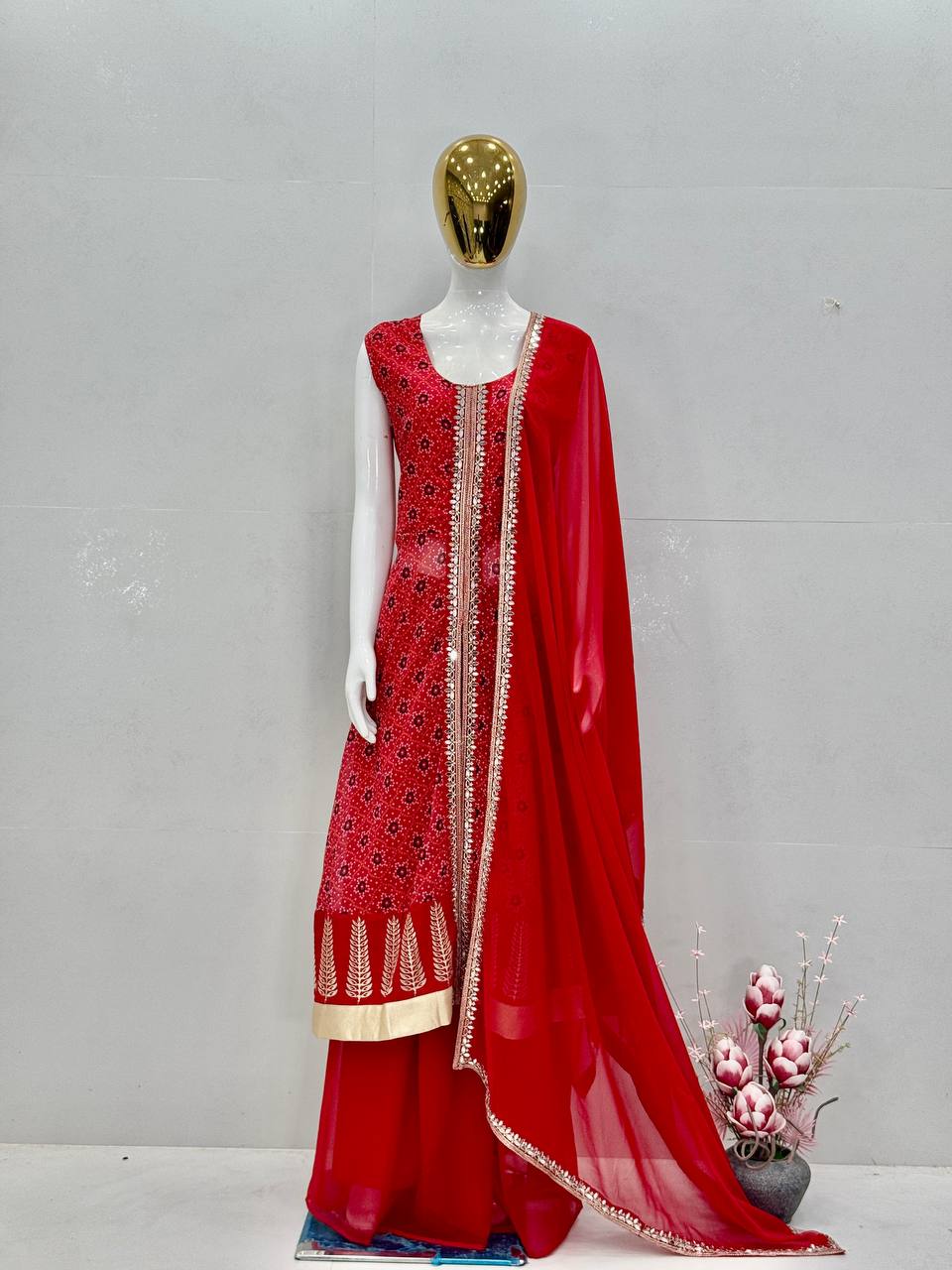 Attractive Red Color Heavy Faux Georgette Digital Print With Embroidery Work Palazzo Suit