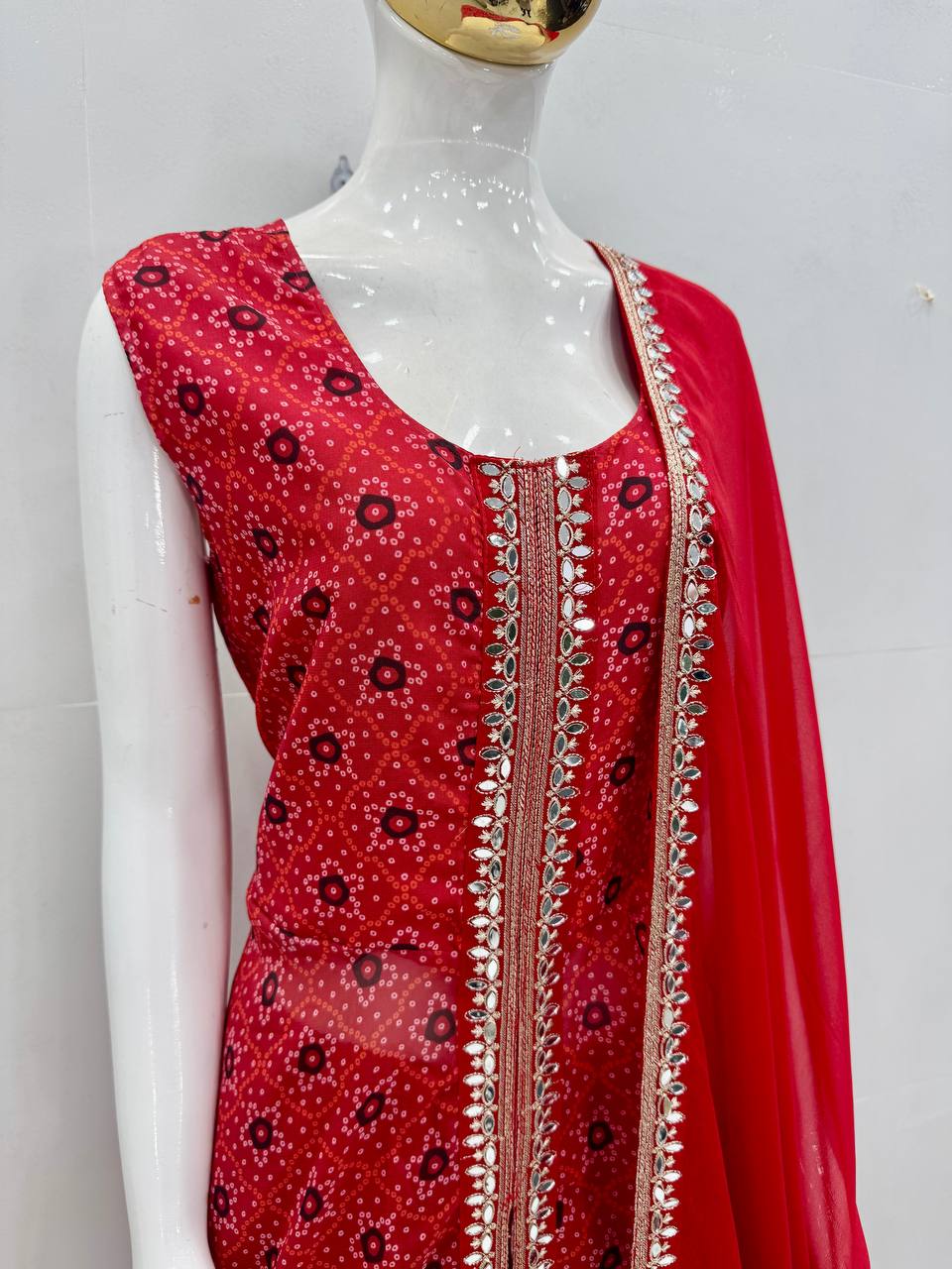 Attractive Red Color Heavy Faux Georgette Digital Print With Embroidery Work Palazzo Suit