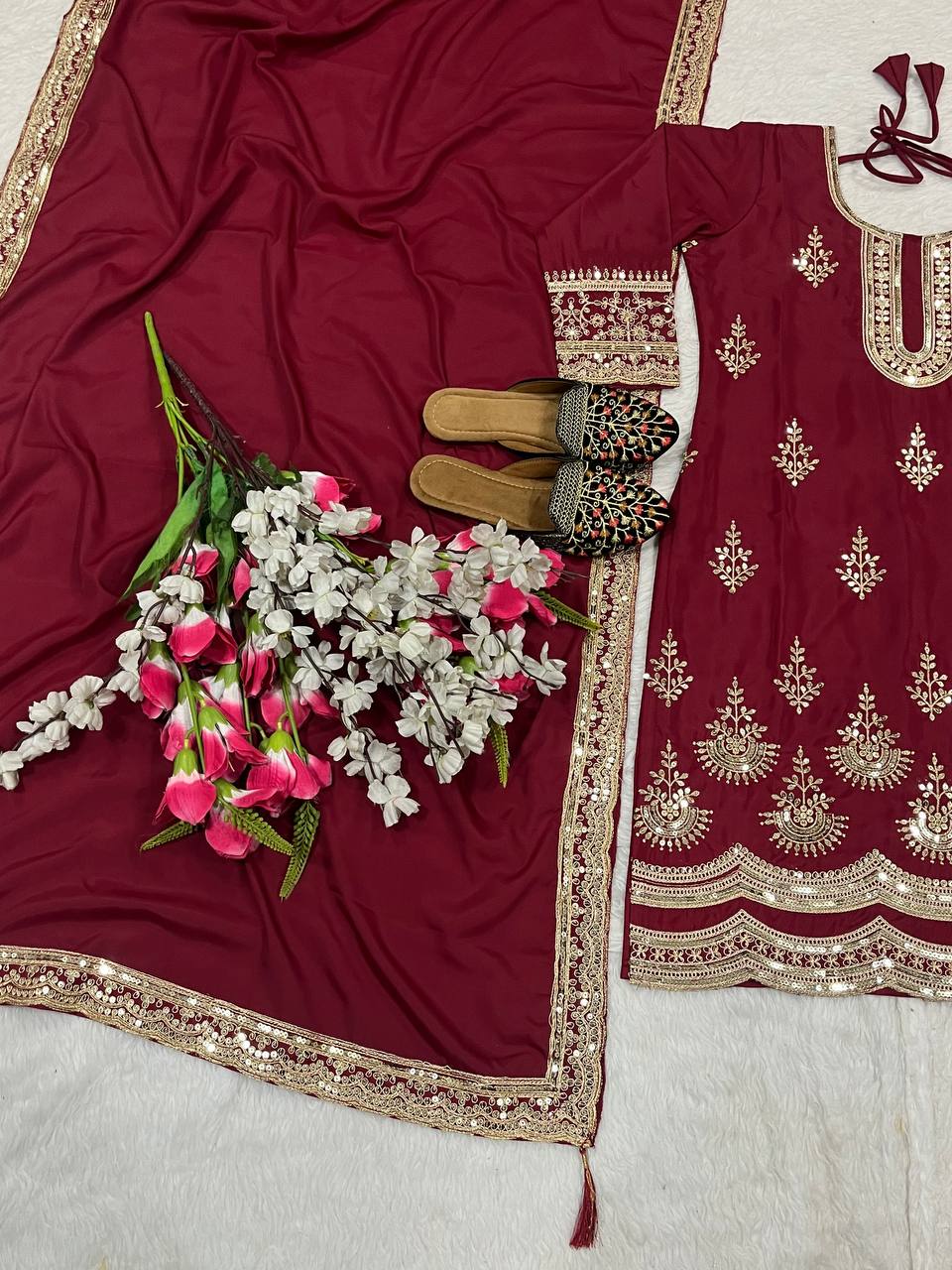 Gorgeous Maroon Color Natural Crepe Silk With Embroidery Coding Sequence Work Salwar Suit
