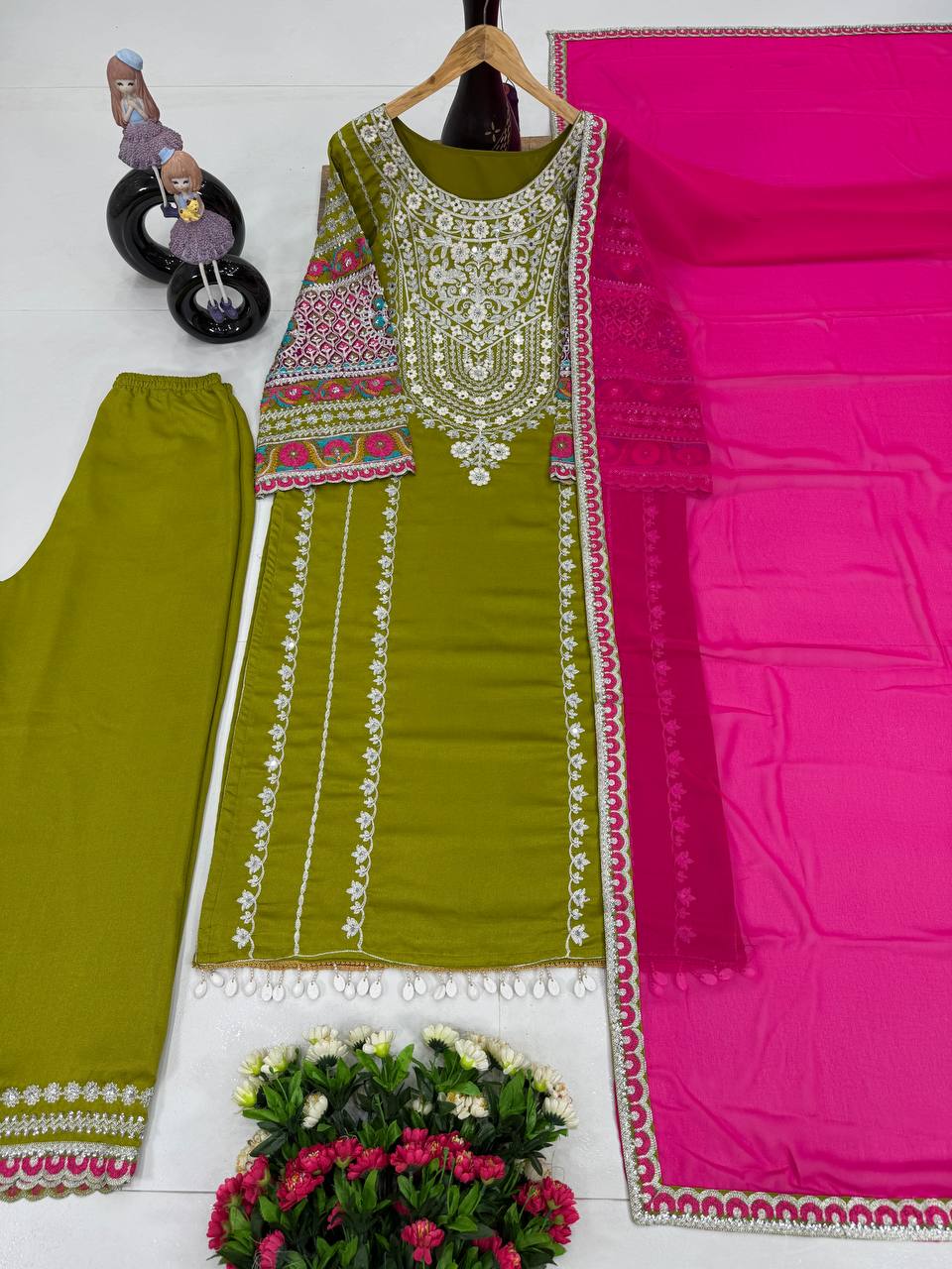 Ravishing Green Color Heavy Vichitra Silk Embroidery Sequences With Real Mirror Work Palazzo Suit