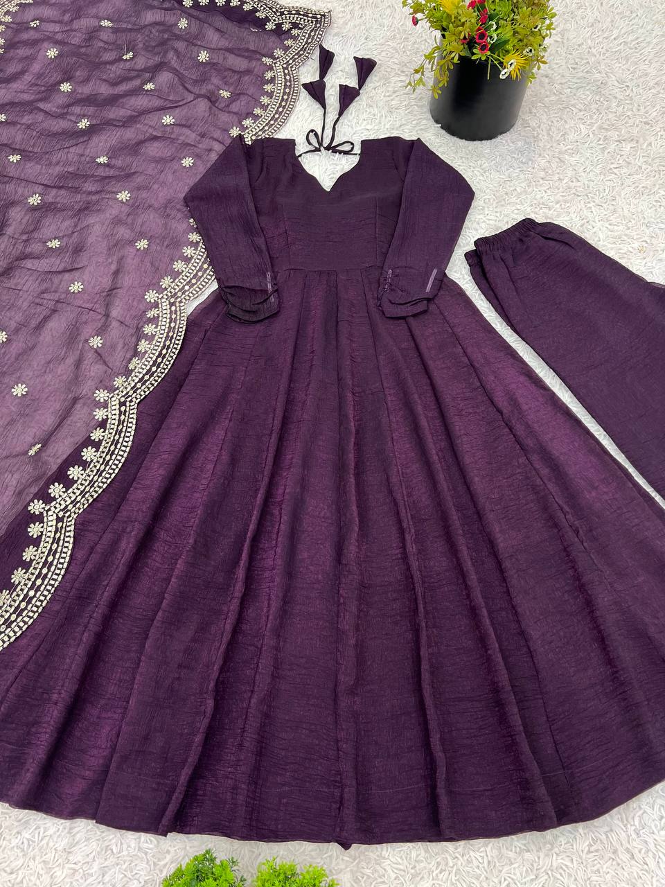 Designer Beautiful Party Wear Look Wine Color Heavy Fandy Silk Gown