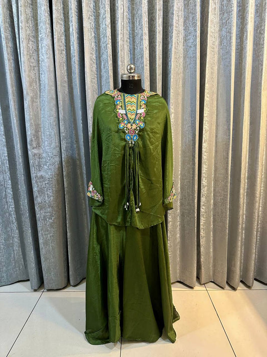 Luxuriant Green Color Heavy Chinon With Embroidery Sequins Work Palazzo Suit