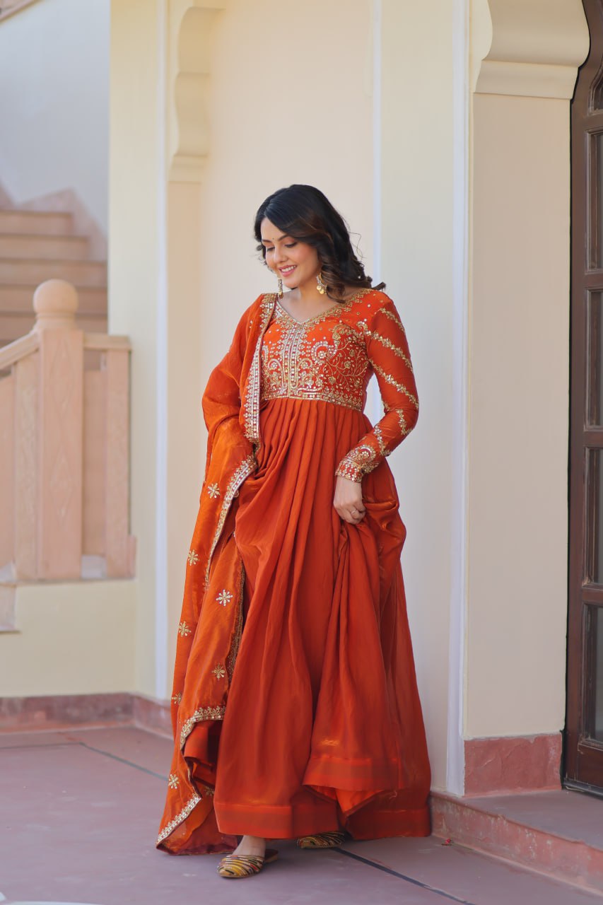 Festive Wear Fanta Color Zari And Sequins Embroidered Work Designer Gown