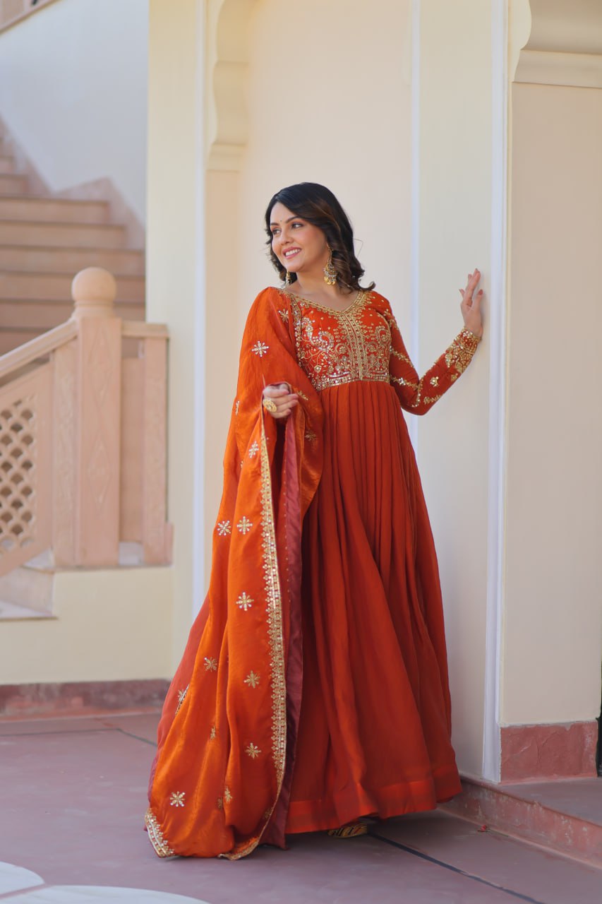 Festive Wear Fanta Color Zari And Sequins Embroidered Work Designer Gown