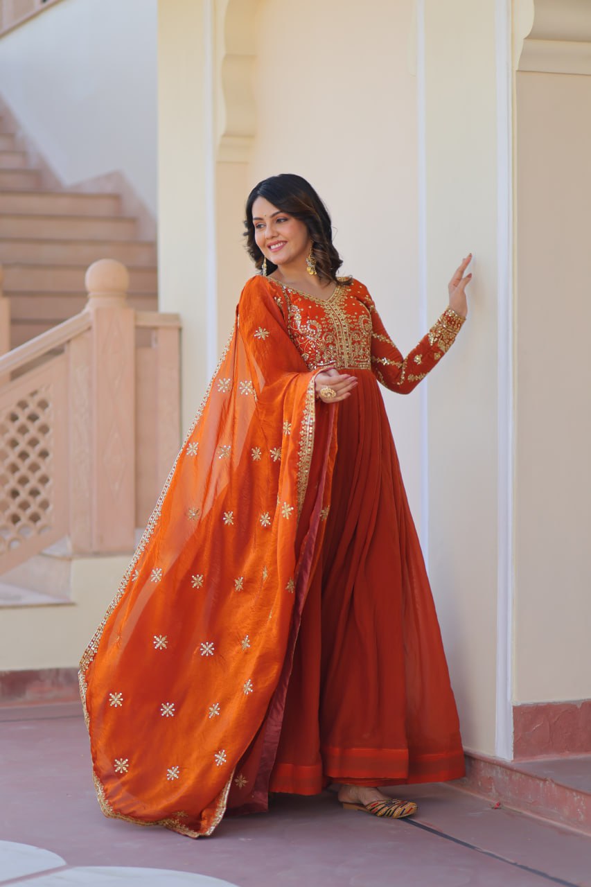 Festive Wear Fanta Color Zari And Sequins Embroidered Work Designer Gown
