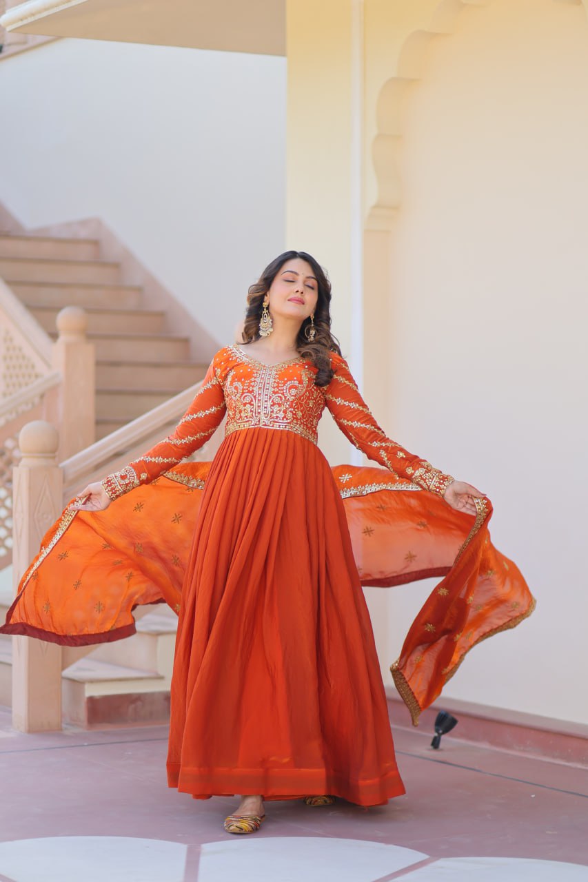 Festive Wear Fanta Color Zari And Sequins Embroidered Work Designer Gown