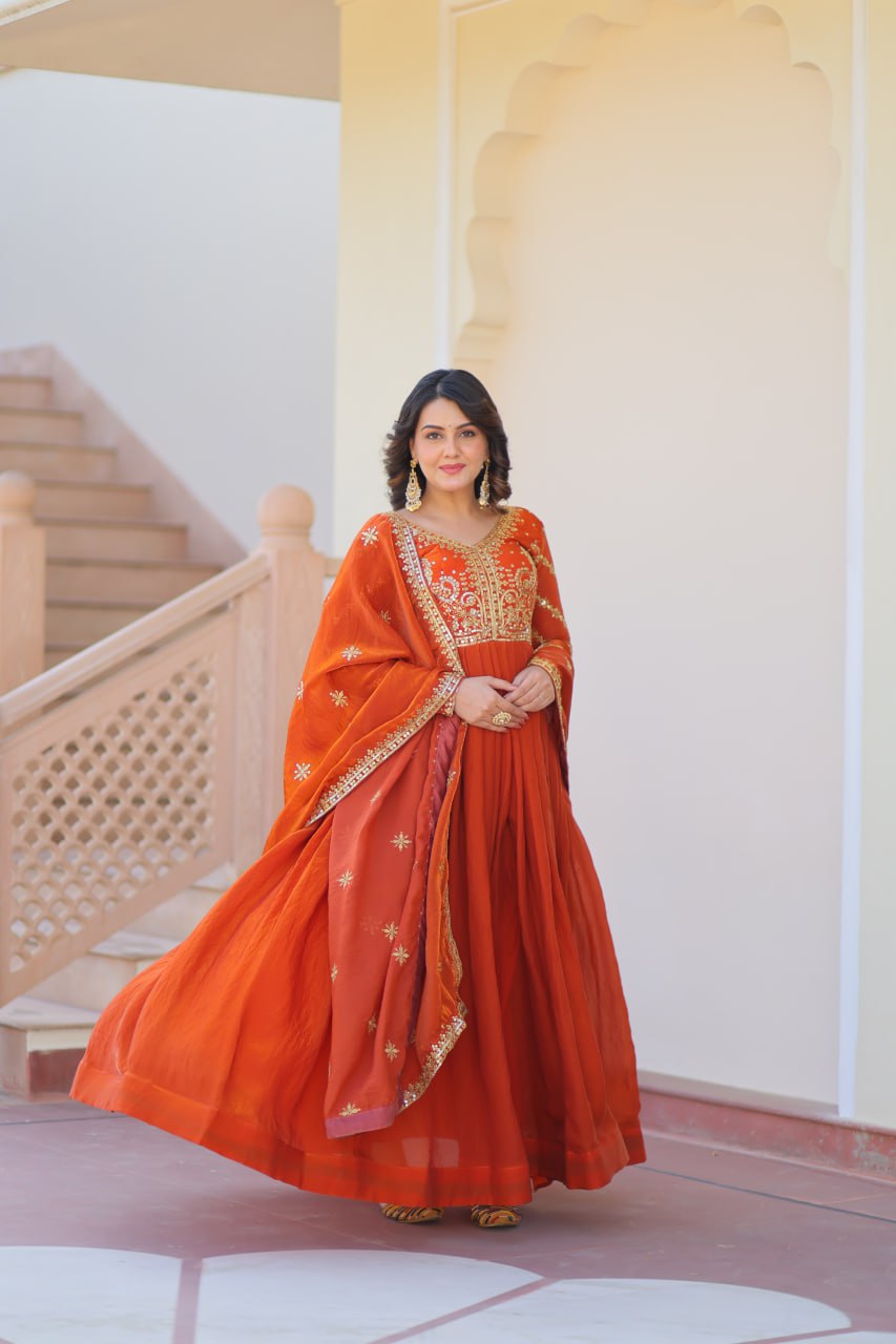 Festive Wear Fanta Color Zari And Sequins Embroidered Work Designer Gown